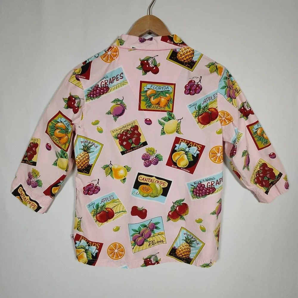 Nick & Nora Pajama Set Women's Small Pink Fruit Crate Print Cotton Sleepwear